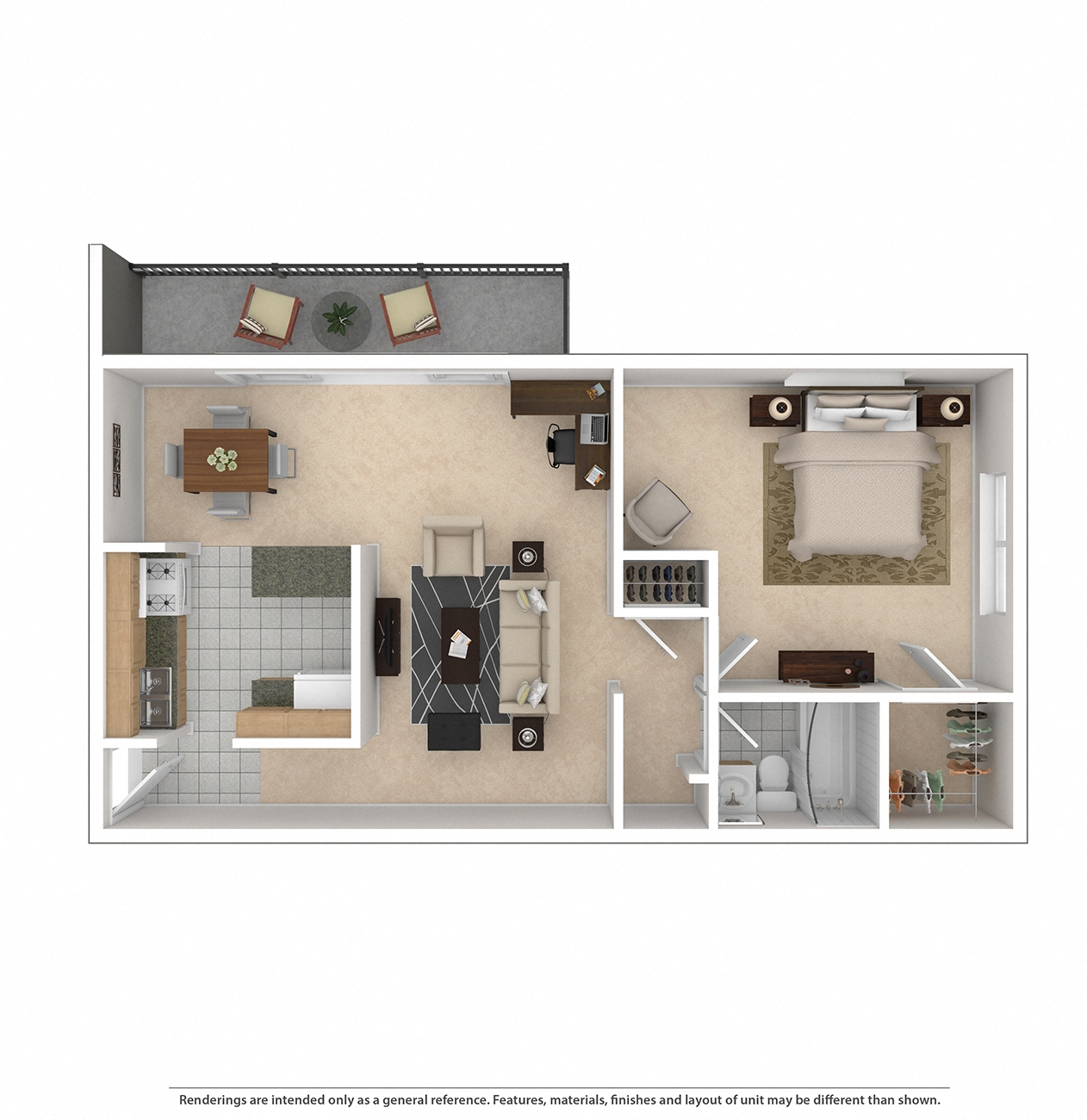 Floor plan for 1 bed, 1 bath, 660 sqft